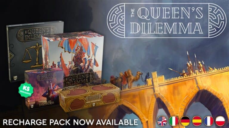 The board game "The Queen's Dilemma" launched on Kickstarter features beautifully illustrated artwork of a queen and warriors on horseback. Expansion packs accompany the set, and a recharge pack is noted at the bottom. Various flag icons indicate multiple language options.