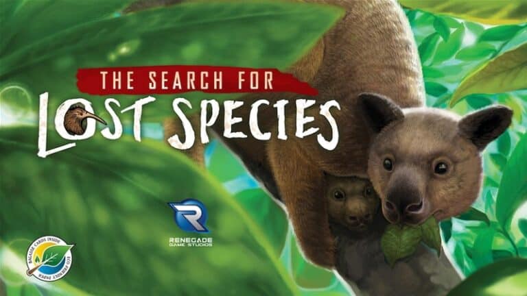 Illustration of two animals resembling tree-kangaroos among green leaves with the text "The Search for Lost Species." This exciting board game is featured on Kickstarter. Logos of Plant Based Games, Renegade Game Studios, and Conservation International are at the bottom.
