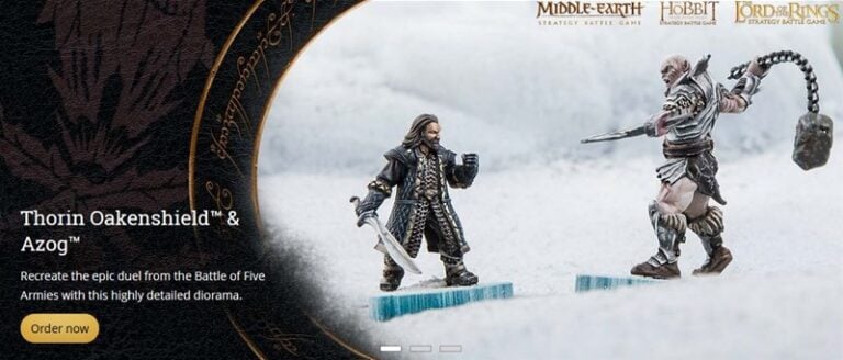 A diorama features Thorin Oakenshield and Azog in a snowy landscape. Thorin, armored with long dark hair, wields a sword while the menacing Azog, pale-skinned with a club, looms larger. Text promotes a strategy battle game from Forge World related to Middle-earth.