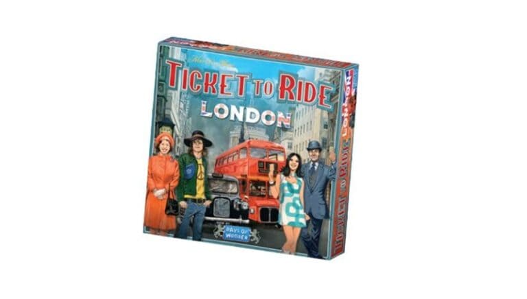 The box cover of "Ticket to Ride: London" by Days of Wonder showcases 1960s London fashion with people in period attire alongside a classic red double-decker bus, all set against the lively backdrop of a bustling city street.