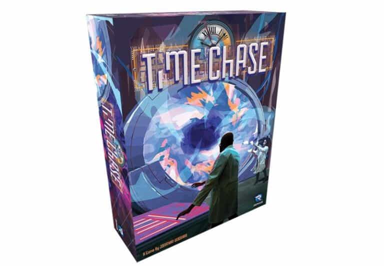 The cover of "Time Chase" by Renegade Game Studios features a figure in a trench coat gazing at a vibrant, swirling portal with clock elements. The title, "Time Chase," is prominently displayed at the top, and pre-orders are now available for this captivating board game adventure.