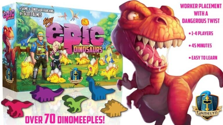 Box art for the board game "Tiny Epic Dinosaurs" by Gamelyn Games showcases a large dinosaur illustration, vibrant dinosaur-shaped pieces, and details like "1-4 players," "45 minutes," and "easy to learn." A Kickstarter favorite, it's a must-have for any game night.