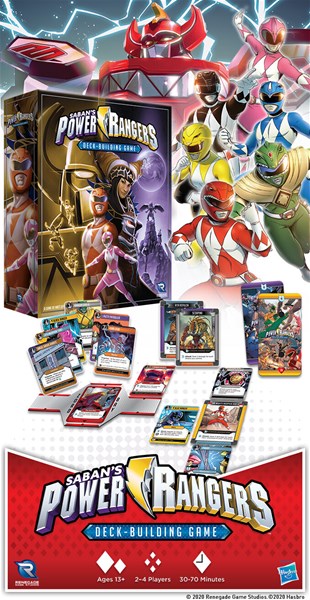 The Power Rangers Deck-Building Game box cover showcases vibrant Rangers in colorful suits. Crafted by Renegade Game Studios, it includes cards, game pieces, and branding details. Perfect for 2-4 players aged 13+, with a playtime of 30-70 minutes.