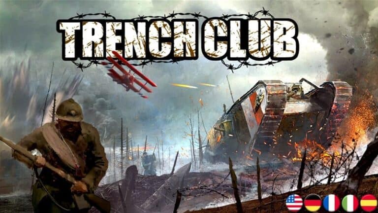 A dramatic scene from the WWI board game Trench Club shows a soldier racing through a battlefield, navigating barbed wire and trenches. A tank drives nearby under a stormy sky. National flags appear at the bottom, with the game's logo on top—a captivating glimpse into its Kickstarter campaign.
