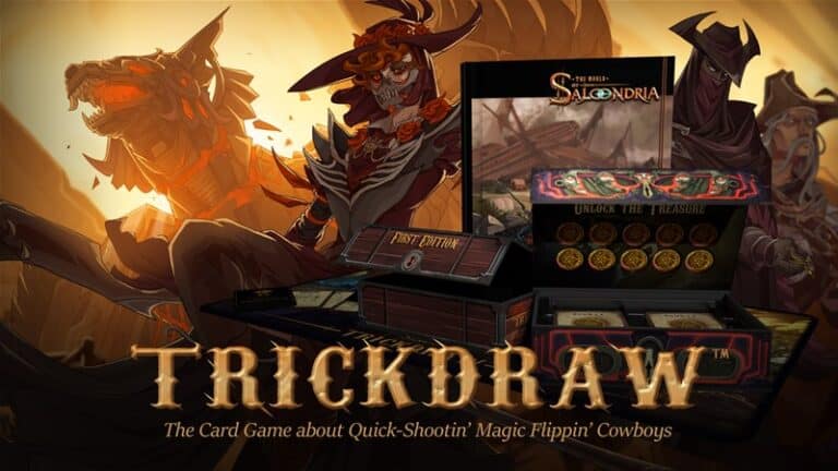 Promotional image for "Trickdraw," a Kickstarter card game featuring mystical cowboys. Includes game components like cards, coins, and a box, with artwork of ghostly cowboy figures. Text reads: "The card game about Quick-Shootin' Magic Flippin' Cowboys.