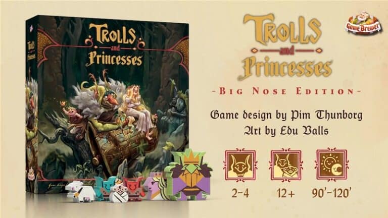 Introducing "Trolls and Princesses - Big Nose Edition," a captivating board game brought to life by the art of Edu Valls. Perfect for 2-4 players aged 12+, this adventure lasts 90-120 minutes. Designed by Pim Thunborg, it's a Kickstarter sensation that immerses you in a fantastical world.