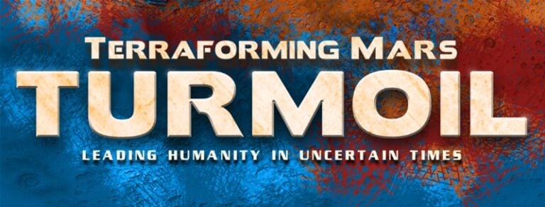 The image showcases the game title "Terraforming Mars: Turmoil," highlighting its role as a Turmoil Expansion with the subtitle "Leading Humanity in Uncertain Times." The backdrop displays a textured blend of blue and orange hues, reminiscent of its Kickstarter origins.