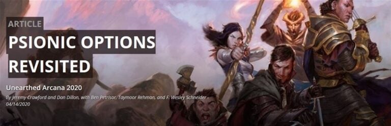 Fantasy warriors in action poses, weapons drawn, unleash their psionic options in a vibrant, dynamic scene. Titled "Psionic Options Revisited," this D&D masterpiece from Wizards of the Coast features authors and is dated 04/14/2020.