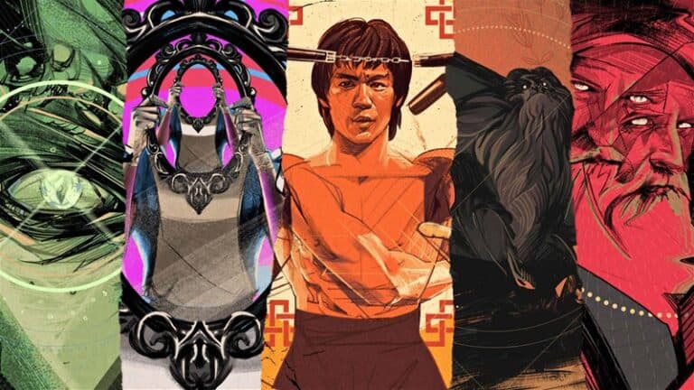 A collage of five artistic illustrations: a close-up eye, a woman with a mirror, and a martial artist reminiscent of Bruce Lee in his prime. It also features a black dog and two men in traditional outfits. Each section showcases a unique style and color palette.