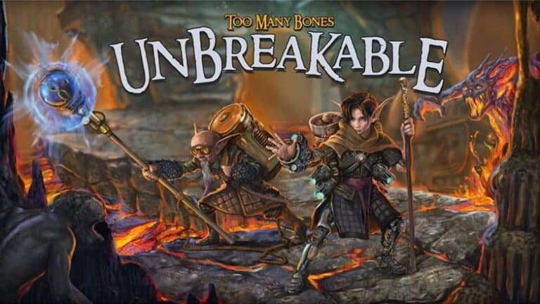 A fantasy-themed game cover showcases two adventurers in armor. One wields a staff with a glowing orb, and the other carries a crossbow and a hefty backpack. Set against rugged terrain with lava and dragons, the text heralds "Too Many Bones: Unbreakable Expansion" from Gamefound.
