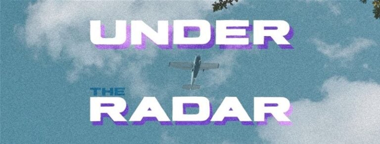 An airplane soars through a blue sky with scattered clouds, "UNDER THE RADAR CASE" boldly displayed in striking white and purple letters around it, hinting at a thrilling detective experience from Portal Games.
