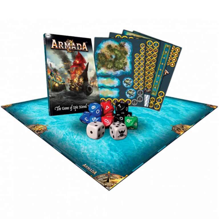 Board game setup for "Armada Essentials Box" with a game board, colorful dice, and various cards featuring island graphics. The game's box is displayed upright, showcasing a red ship sailing through stormy waters—a magnificent offering from Mantic Games.