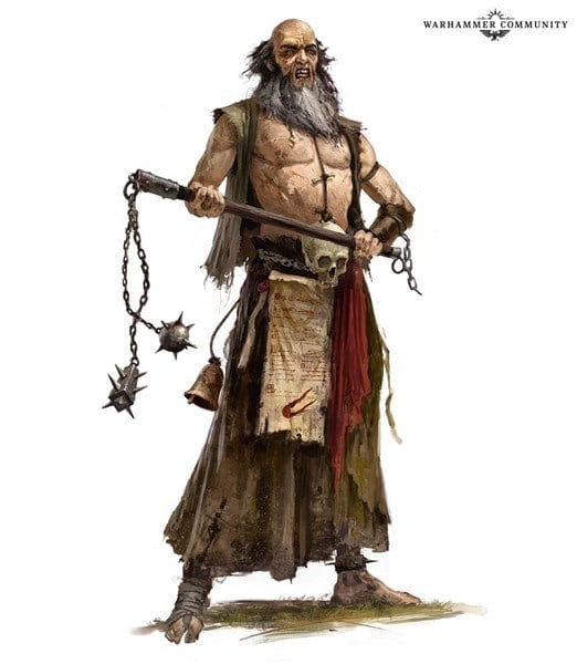 Amidst the war-torn lands, a fantasy warrior grips a large flail, his ragged skirt and skull-adorned belt hinting at battles fought. With a muscular build, long beard, and intense expression, he's straight from the ancient tales of the Old World. The top right reads "Warhammer Community.