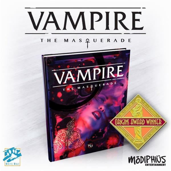 Cover of Modiphius's "Vampire: The Masquerade," a new release role-playing game book, showcasing vibrant, abstract art in purples and reds. Includes an "Origins Award Winner" emblem in the bottom right corner.
