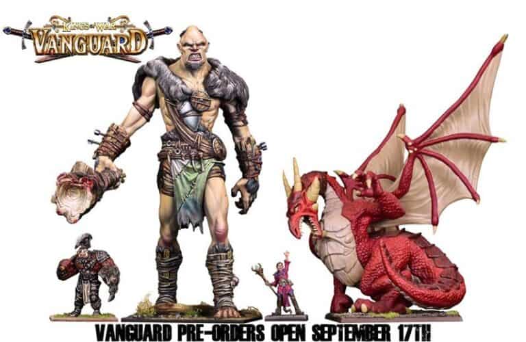 A fantasy game promotional image showcases four characters: a small armored dwarf with a hammer, a giant ogre with a club, a robed figure wielding a staff, and an imposing red dragon. The Mantic text declares, "Vanguard Pre-orders Open September 17th!