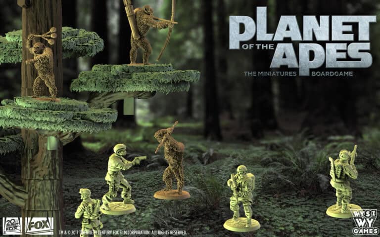 The preview of the board game cover reveals a forest scene where armed apes perch on branches, as astronauts navigate below. "Planet of the Apes: The Miniatures Boardgame" is boldly displayed, showcasing WYSIWYGames' immersive world.