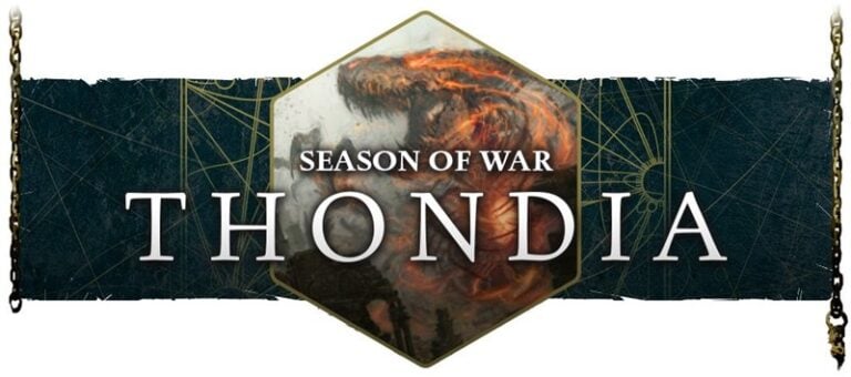 Hexagon logo with the text "Season of War: Thondia." It features a fiery creature amidst dark, chaotic designs. Chains hang on the sides, suggesting a battle theme. Colors are predominantly dark with orange highlights, capturing Games Workshop's signature fantasy style.