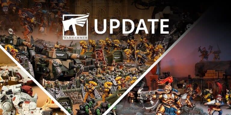 Warhammer update image featuring a collage of miniatures from Games Workshop. The top section shows an army of futuristic soldiers and vehicles. The bottom left displays Mech-like figures, while the bottom right depicts fantasy warriors in battle.