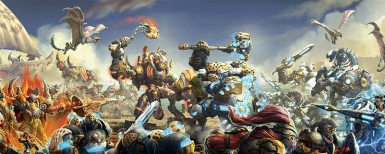 Amidst the chaos of Legacy Armies clashing, armored warriors and creatures engage in fierce combat. Some wield glowing weapons, while dragons and large mechanical beasts—reminiscent of Warmachine legends—dominate the battlefield under a sky filled with clouds and distant structures.
