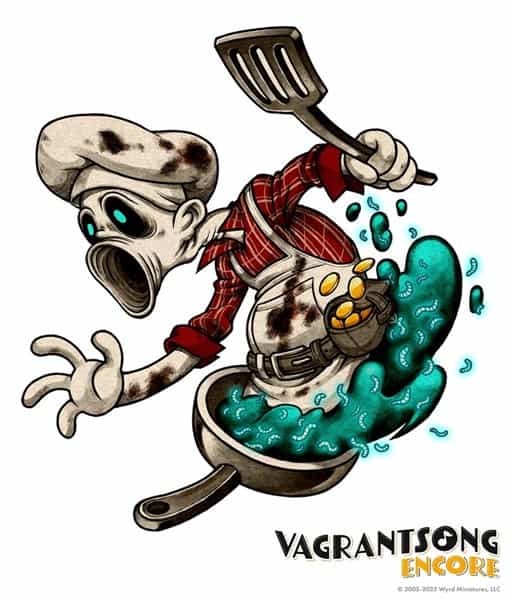 Cartoonish illustration of a ghostly chef with a shocked expression, donning a red plaid shirt and chef's hat, emerging from a frying pan. Blue-green liquid splashes around him as he holds a spatula. Text reads "Vagrantsong Encore Expansion by Wyrd.