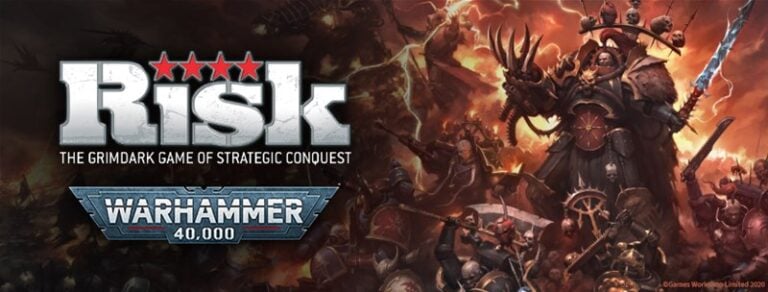 Now available: Cover art for 40k Risk: Warhammer 40,000 showcases a battle scene with warriors in dark armor, weapons raised. The game title stands out against a fiery background, conveying epic conflict and strategy.