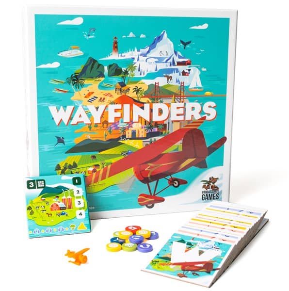 The "Wayfinders" board game by Pandasaurus Games features a vibrant box showcasing an island scene, complete with a red plane and ships. Inside, players will find a mini airplane, tokens, and cards—all essential components for an adventurous gaming experience.