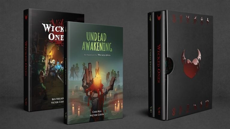 Three role-playing game books, including "Wicked Ones" and "Undead Awakening," are displayed against a dark background. One book in a slipcase boasts heart and horns artwork. Their Kickstarter origins shine through in the dark, fantasy-themed illustrations adorning each cover.