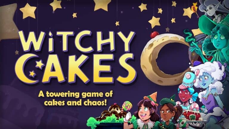 A colorful game cover for "Witchy Cakes" features whimsical witches baking. The starry background showcases a large donut, with text reading, "A towering board game of cakes and chaos!" As part of its Kickstarter launch, several witches carry desserts and baking tools.