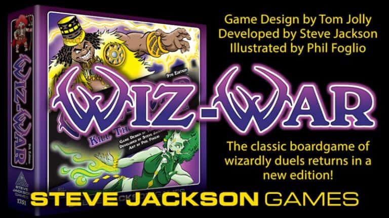 Box cover for the new edition of "Wiz-War Board Game," featuring a colorful illustration of two wizards casting spells. Includes text: "Game Design by Tom Jolly, Developed by Steve Jackson, Illustrated by Phil Foglio." Caption below: "The classic board game of wizardly duels relaunches on Kickstarter.