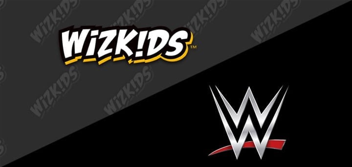 The image showcases the bold WizKids logo in yellow and white on the top left against a dark background, emphasizing their license partnership. The WWE logo is displayed at the bottom right, featuring a stylized "W" in silver and red. Diagonal repeating "WizKids" text enriches the backdrop.