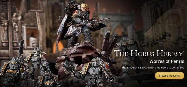 A warrior in ornate armor wielding a sword stands atop rubble, surrounded by armored soldiers. A gothic, ruined building frames the scene. Text reads: "The Horus Heresy, Wolves of Fenris. Forge World presents the Emperor's Executioners, ready for pre-order now.