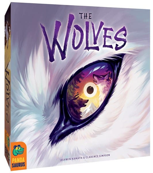 The cover art of Pandasaurus's board game "The Wolves" showcases a close-up of a wolf's eye with a mysterious purple hue, reflecting an enchanting forest scene. The game's bold, stylized title stands prominently above the Pandasaurus logo in the bottom left corner.