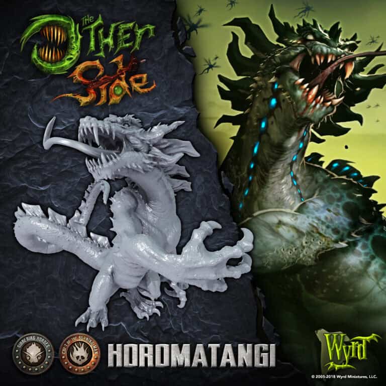 A split image showcases a white figurine of a dragon-like creature on the left and a vibrant color illustration on the right, emphasizing blue markings and a menacing expression. Text reads: "The Other Side - Wyrd Horomatangi.