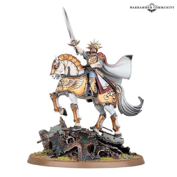 A miniature figure of a knight in ornate armor, reminiscent of Games Workshop's craftsmanship, riding a horse. The knight holds a sword raised high, and both the knight and the horse wear detailed armor with gold and silver accents. They stand atop a rocky, gear-covered base.