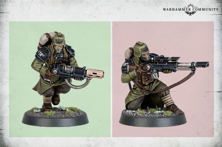 Miniature figures of two sci-fi soldiers in military gear and helmets, part of the Kill Team collection. The figure on the left stands holding a weapon like a veteran guardsman, while the one on the right kneels aiming a rifle. Both sport green outfits and detailed weaponry from Games Workshop.