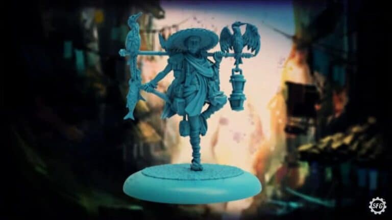 A detailed miniature figurine of a Steamforged captain stands on one foot, wearing a wide-brimmed hat and cloak. It holds a staff with a bird perched on top and a lamp hanging beside it. The colorful backdrop hints at the vibrant world of the Fisherman's Guild, adding depth to the scene.