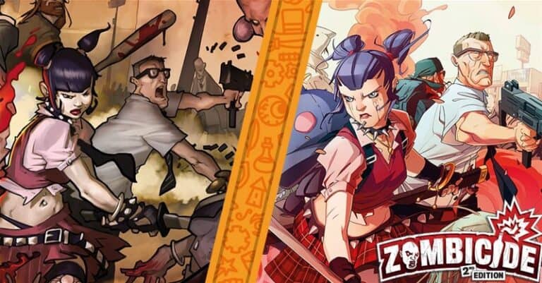 Illustration of characters battling zombies. On the left, a girl with pigtails and a weapon stands ready. On the right, she and a group, including an elderly man with a gun, brace for action. Discover new thrills with Zombicide 2nd Edition Upgrade Pack! Text reads “CMON Previews.”