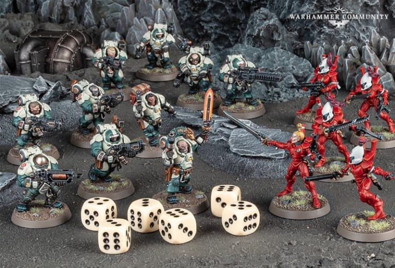 A tabletop gaming scene features a battle diorama with miniature Leagues of Votann figures from Games Workshop. Gray-armored warriors clash against red-armored foes on rocky terrain, with six dice in the foreground showing varying rolls.