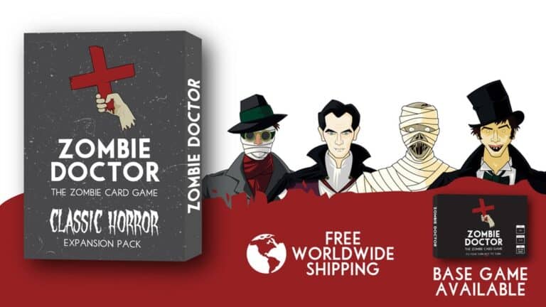 Promotional image for "Zombie Doctor: Classic Horror Expansion Pack," showcasing cartoon characters inspired by classic horror figures. The design features text stating "Free Worldwide Shipping" and "Base Game Available" next to the striking game box and bold logo.