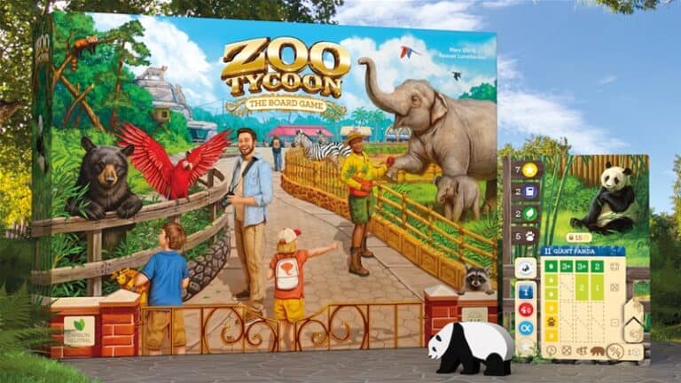 Illustrated box cover for "Zoo Tycoon: The Board Game," a Kickstarter sensation, featuring people interacting with elephants, zebras, and parrots in a bustling zoo. A charming panda graphic and board game components are showcased on the right side.