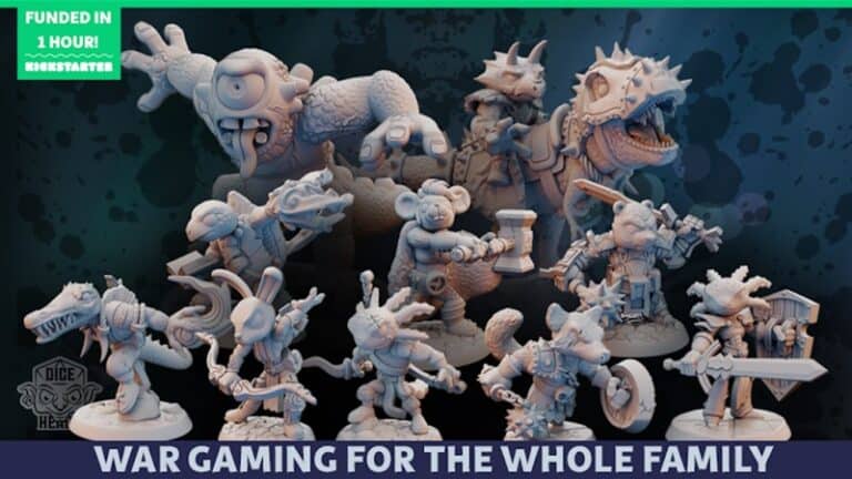 A group of fantasy-themed miniature figures from the "Zoontalis" collection, featuring animal and creature designs, are arranged on a table. They seem ready for a tabletop Battle Royale game, with a banner above them that says, "Funded in 1 hour!" and text below reading, "War gaming for the whole family.