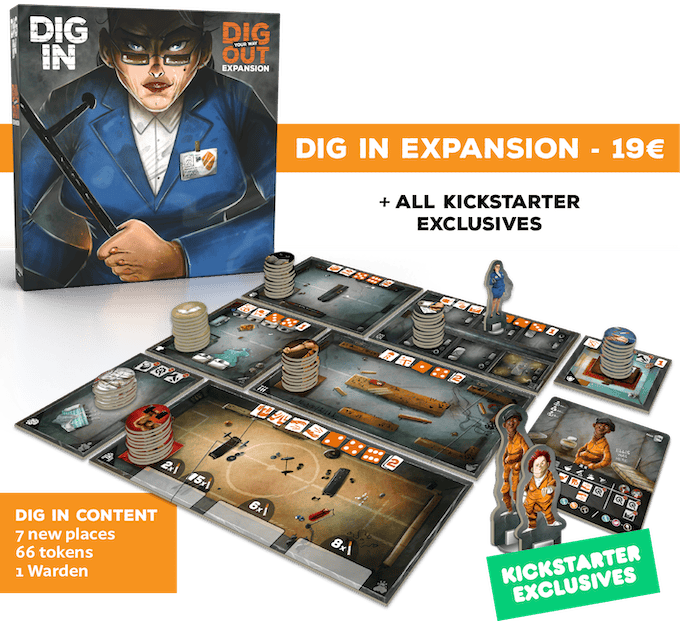 The "Dig In Expansion" board game set showcases a box with an armed character in a blue jacket. The game board features interconnected rooms with tokens and cards, highlighting the Kickstarter exclusives and expansion price.