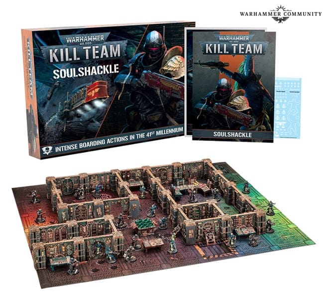Image of the Warhammer 40,000 Kill Team: Soulshackle board game set by Games Workshop. The box and instruction booklet are displayed alongside a detailed game board with miniature figures and intricate terrain, offering a glimpse into this captivating world for those excited about pre-releases.