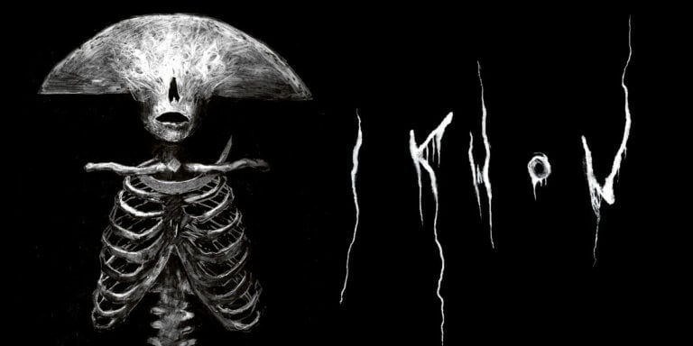 An eerie, skeletal figure with a fan-like headdress and ribcage exposed against a black background evokes a MÖRK BORG atmosphere. To the right, "I KNOW" is inscribed in a distorted, ghostly font. The overall scene suggests a dark journey into the unknown.