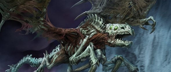 A dragon-like creature with skeletal features and tattered wings looms menacingly against a stormy, dark background, reminiscent of the eerie atmosphere in Arkham Horror. Its eye sockets glow eerily, and its sharp claws and bones are prominently visible.