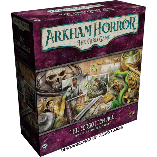 The box of "Arkham Horror: The Card Game - The Forgotten Age" Investigator Expansion showcases a captivating collage of adventure-themed illustrations, featuring a skull, map, and exploring characters. Dominant hues of purple and green evoke the mysterious allure of forgotten histories.