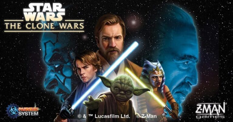 Illustration of characters from Star Wars: The Clone Wars, reminiscent of a thrilling board game. Front and center are Yoda, a blonde man with a blue lightsaber, a bearded man with another blue lightsaber, and a woman with striking orange skin and white markings.
