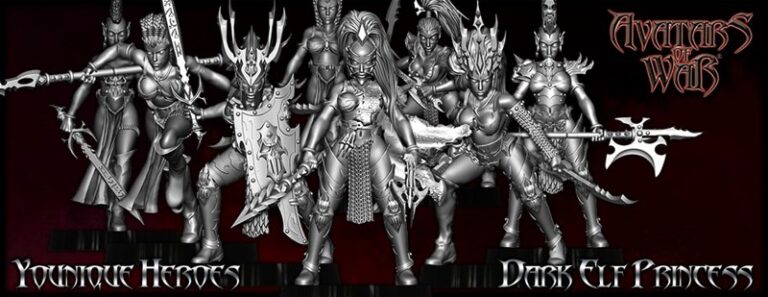 Introducing the New Release from Avatars of War: a collection of detailed dark elf warrior miniatures, including the striking Dark Elf Princess. These figures boast intricate designs and dynamic stances, perfectly capturing the essence of Younique Heroes.