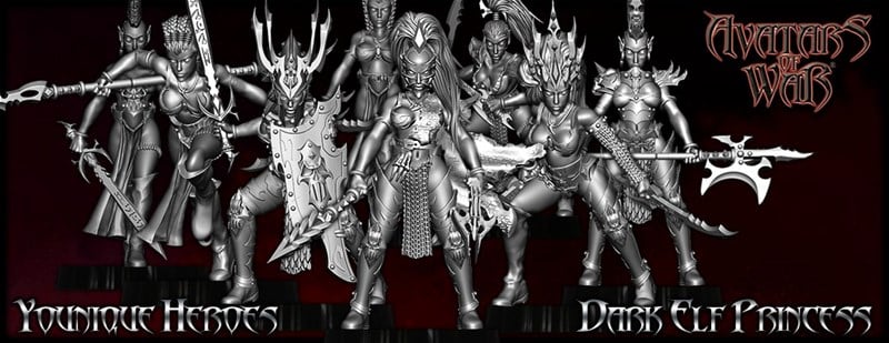 Introducing the New Release from Avatars of War: a collection of detailed dark elf warrior miniatures, including the striking Dark Elf Princess. These figures boast intricate designs and dynamic stances, perfectly capturing the essence of Younique Heroes.