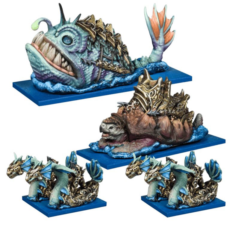 Various painted miniatures from Mantic Games on display, including a fish-like creature with metal armor, a turtle with decorative shell, and two dragon-headed figures adorned with intricate patterns from the Trident Realm, all set on blue bases.
